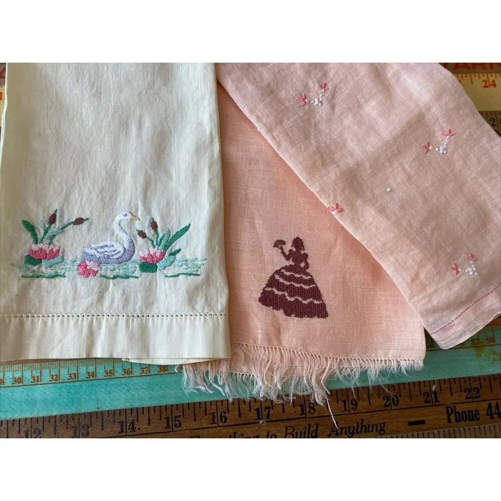 VINTAGE Hand Embroidered Lot Of 4 Dresser Scarf Guest Towel Cotton LINEN Floral